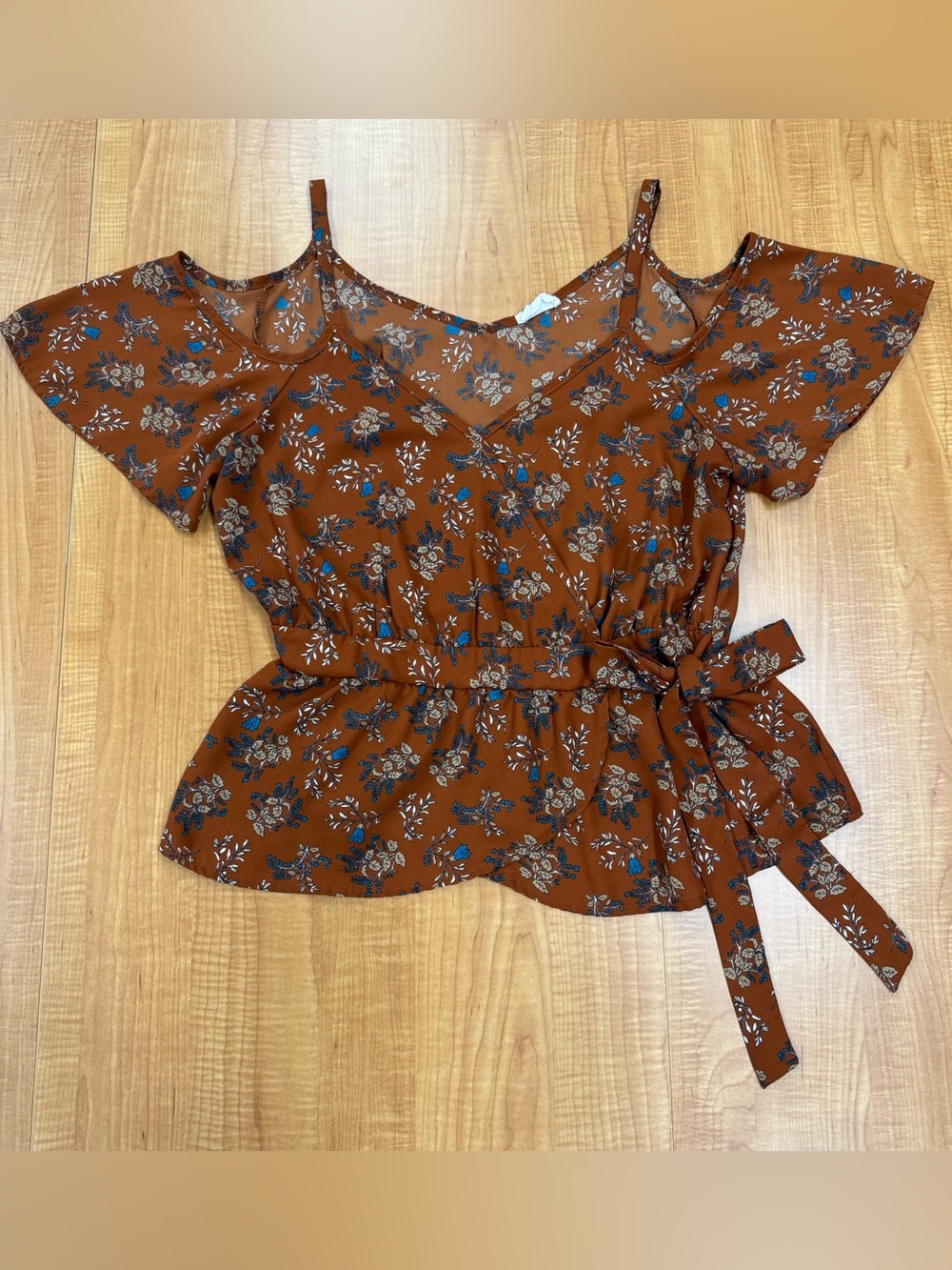 Floral Cold-Shoulder Tie-Waist Blouse